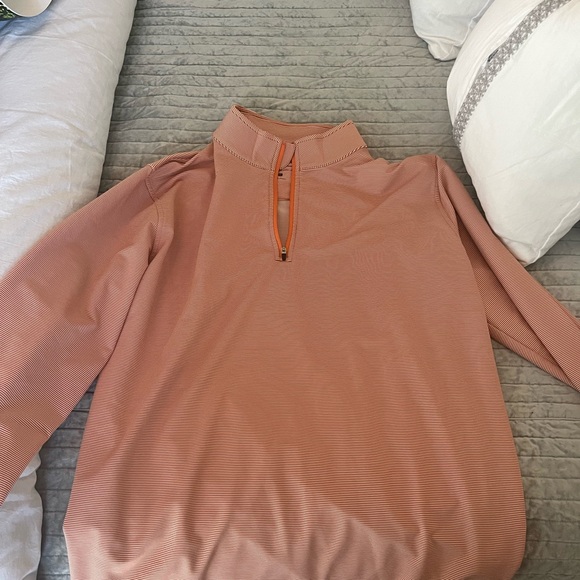 Men's orange and white pinstripeQuarter-Zip Pullover - Picture 2 of 4